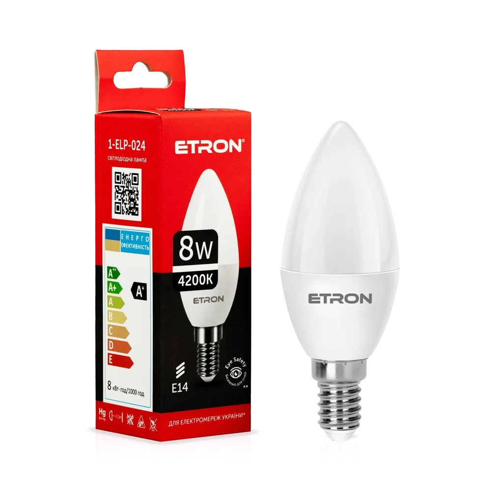 Світлодіодна LED лампа ETRON 8W C37 4200K 220V E14 денне світло 1-ELP-024