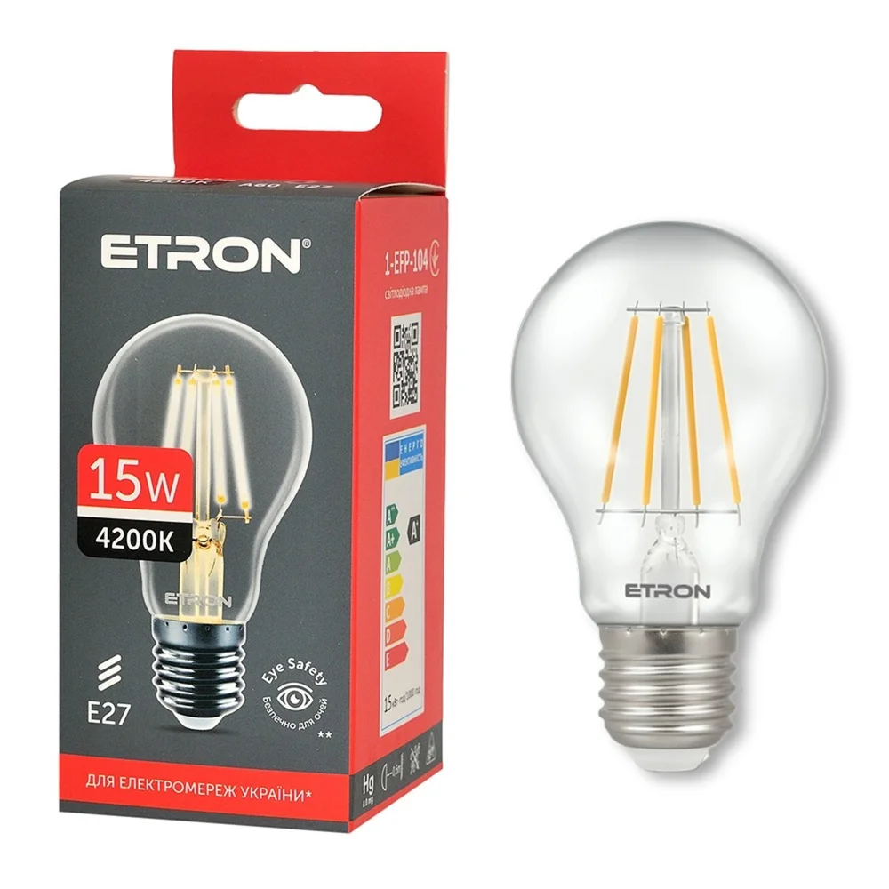 Світлодіодна лампа філаментна ETRON 15W A60 4200K E27 нейтральне світло, прозора 1-EFP-104