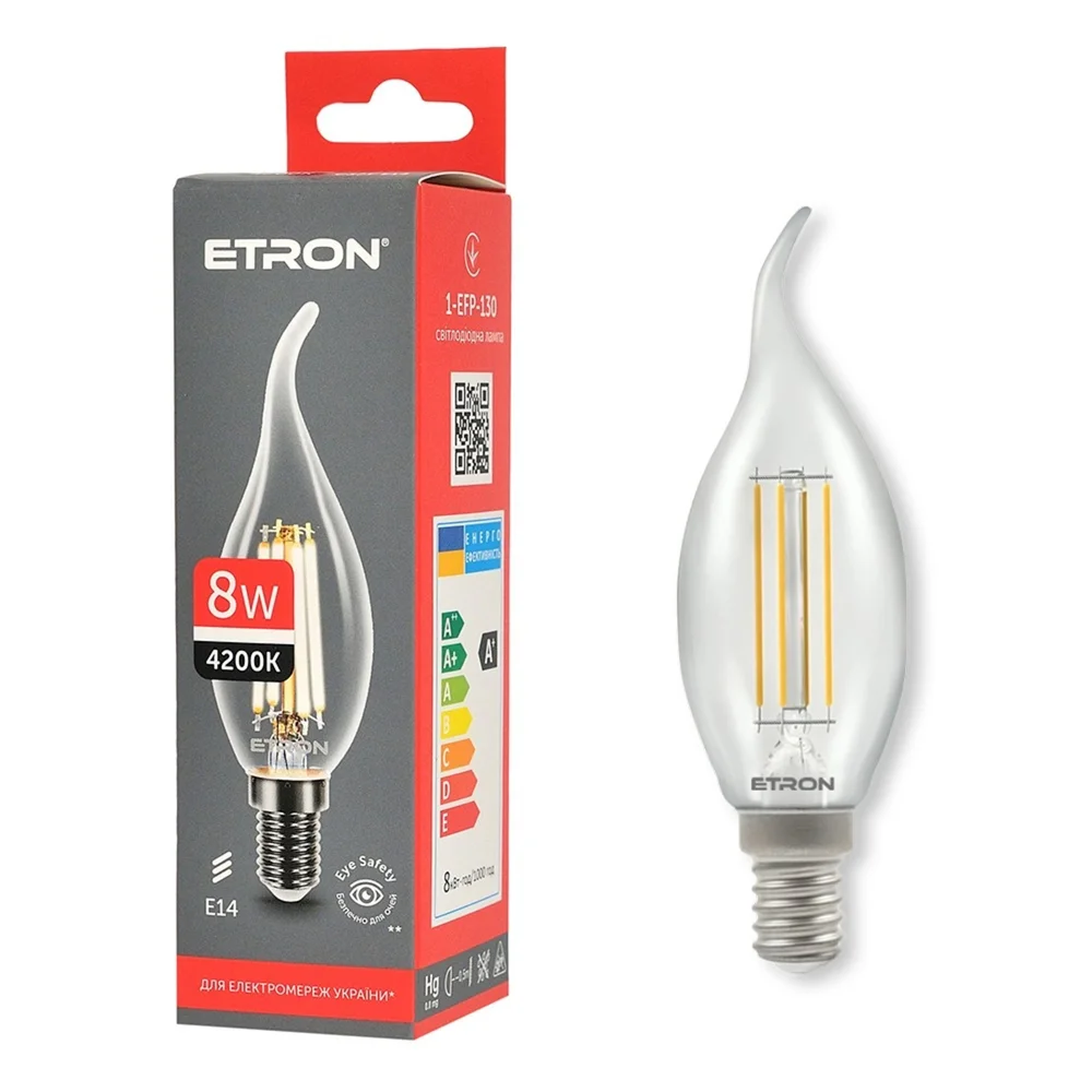 Светодиодная филаментная лампа ETRON Power C37 Tailed E14 8W 4200K нейтральный свет 1-EFP-130