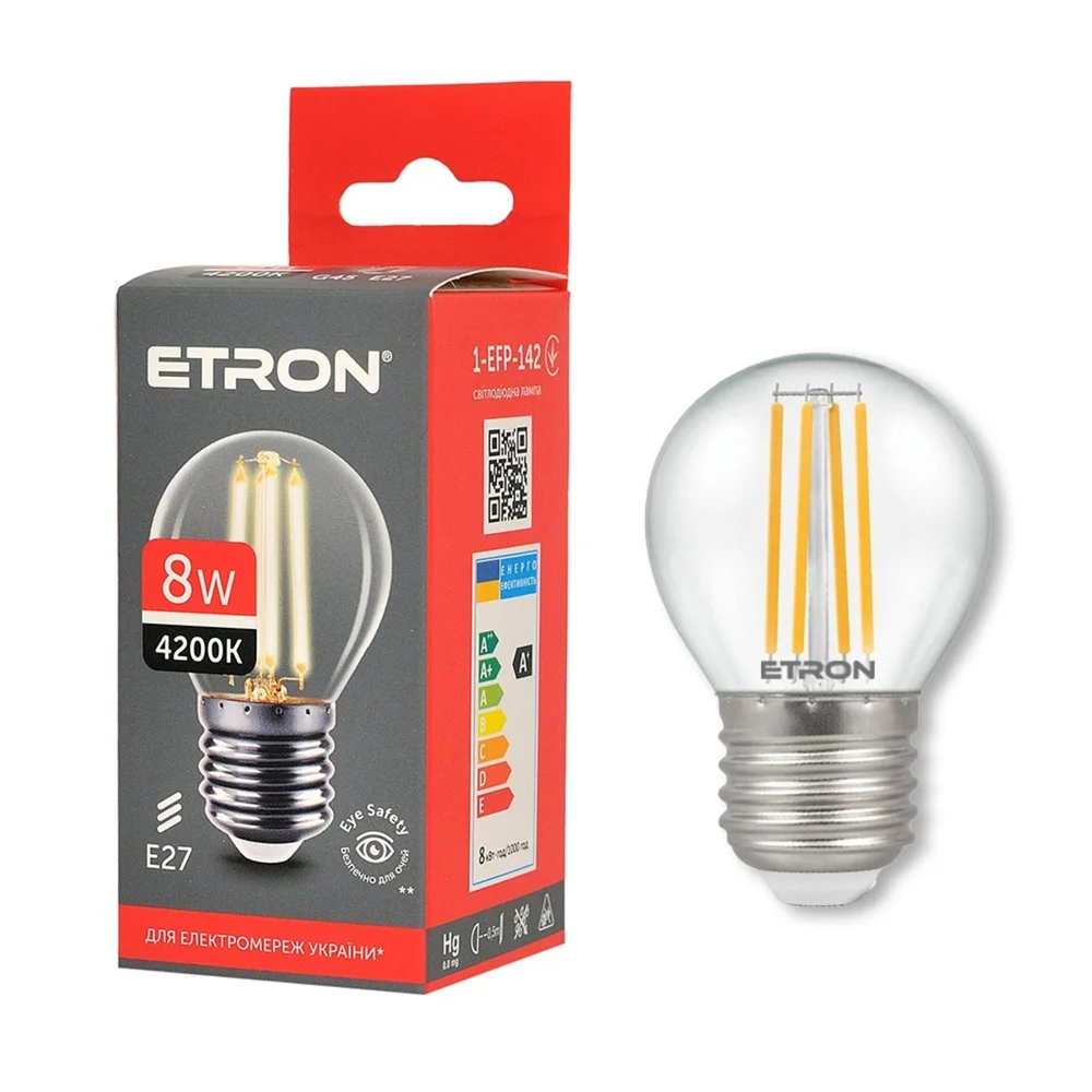 Світлодіодна філаментна лампа ETRON Filament G45 8W E27 4200K прозора 1-EFP-142