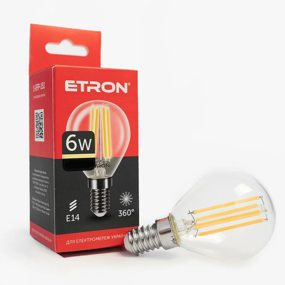 Світлодіодна лампа філаментна ETRON G45 6W E14 3000K тепле світло, прозора 1-EFP-151
