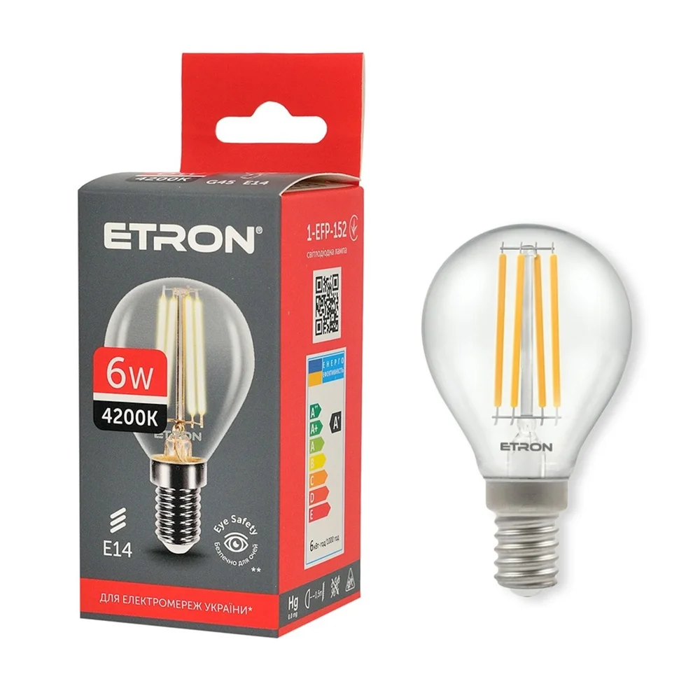 Світлодіодна філаментна лампа ETRON G45 6W E14 4200K нейтральне світло, прозора 1-EFP-152