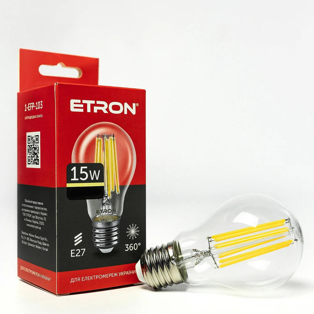 Світлодіодна лампа філаментна ETRON A60 15W E27 3000K тепле світло, прозора 1-EFP-103