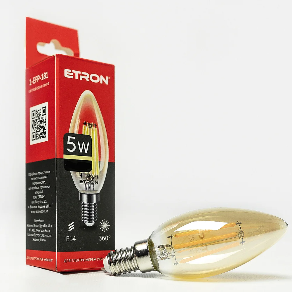 Светодиодная филаментная лампа ETRON C37 5W E14 2700K тёплый свет, золотая