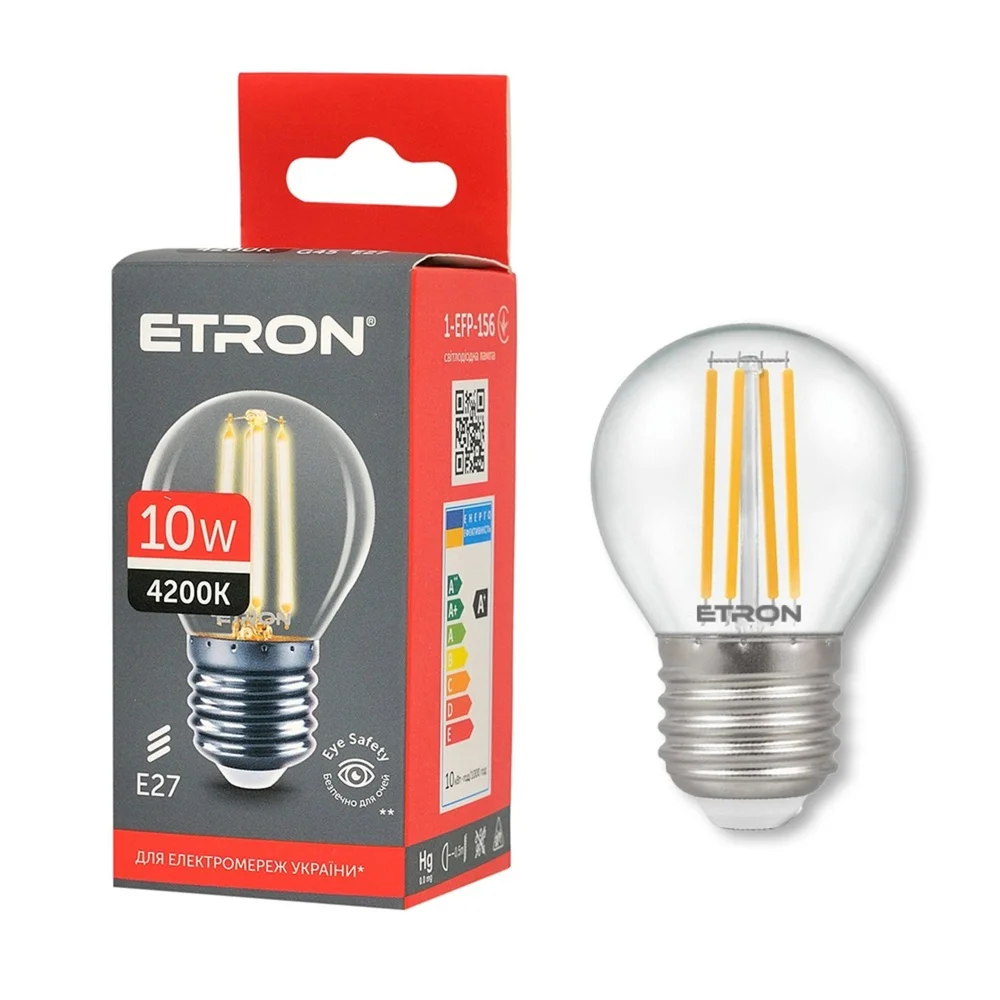 Світлодіодна філаментна лампа ETRON G45 10W E27 4200K нейтральне світло, прозора 1-EFP-156