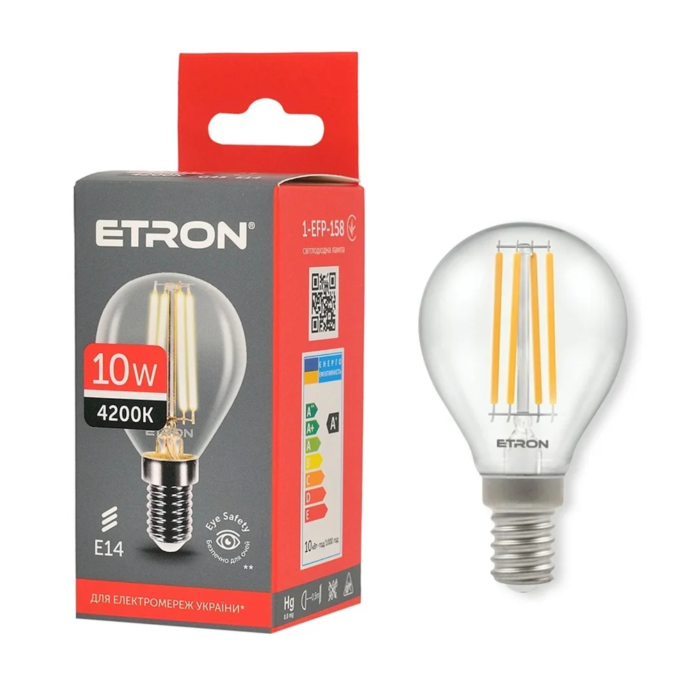 Світлодіодна філаментна лампа ETRON G45 10W E14 4200K нейтральне світло, прозора 1-EFP-158