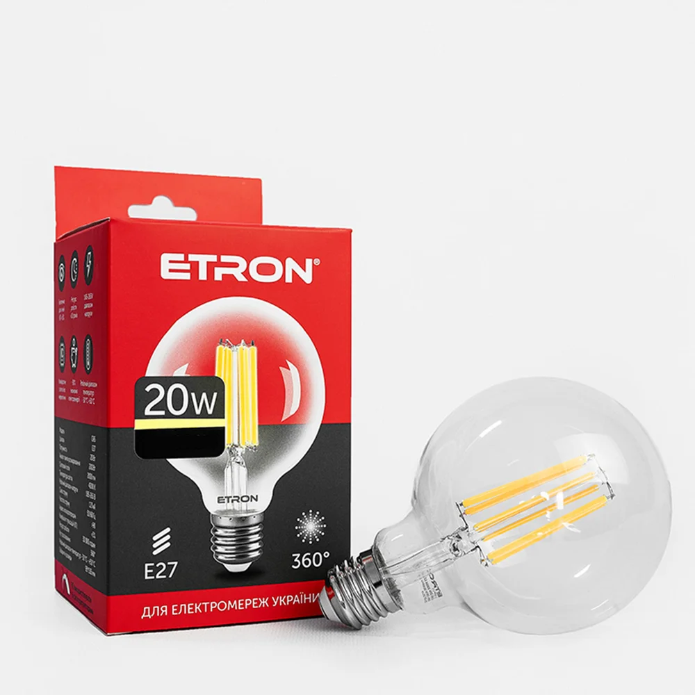 Светодиодная филаментная лампа ETRON G95 20W E27 3000K тёплый свет, прозрачная