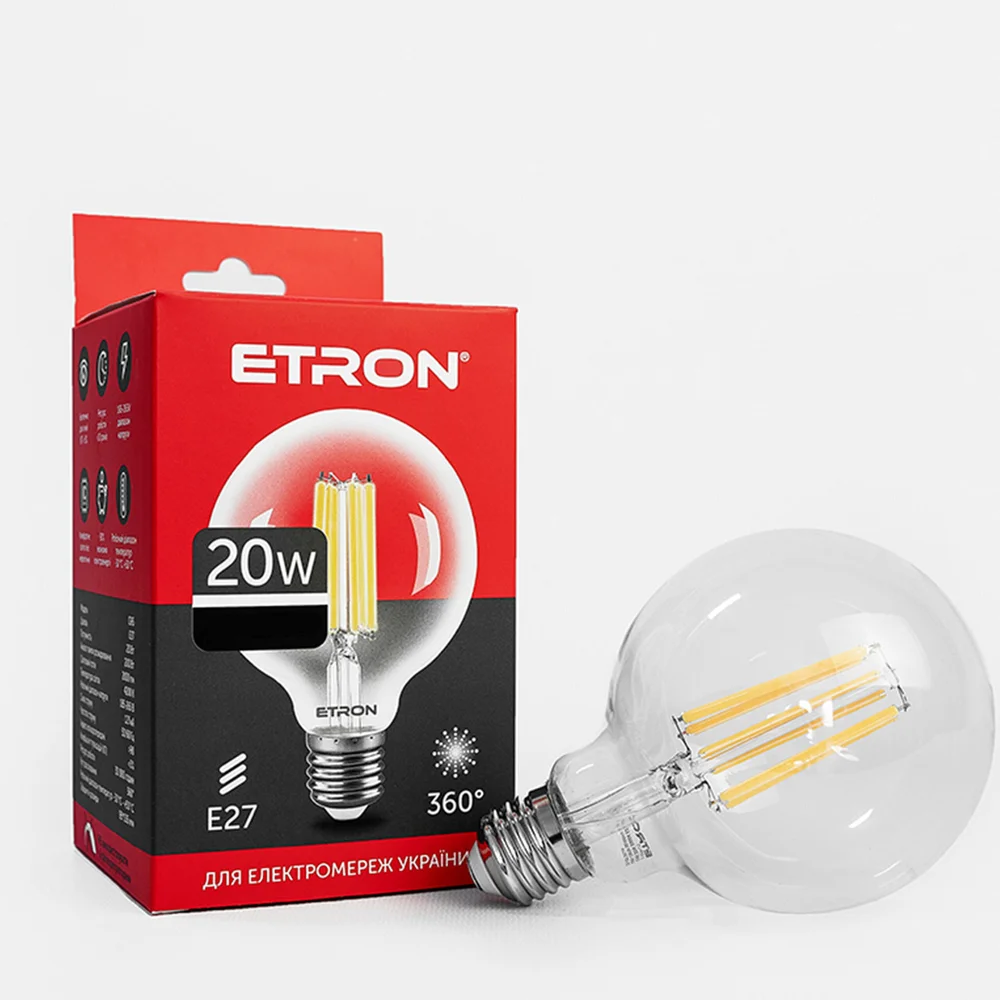 Світлодіодна філаментна лампа ETRON G95 20W E27 4200K нейтральне світло, прозора