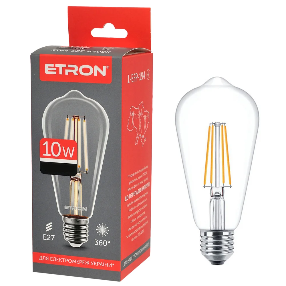 Светодиодная филаментная лампа ETRON ST64 10W E27 4200K нейтральный свет, прозрачная
