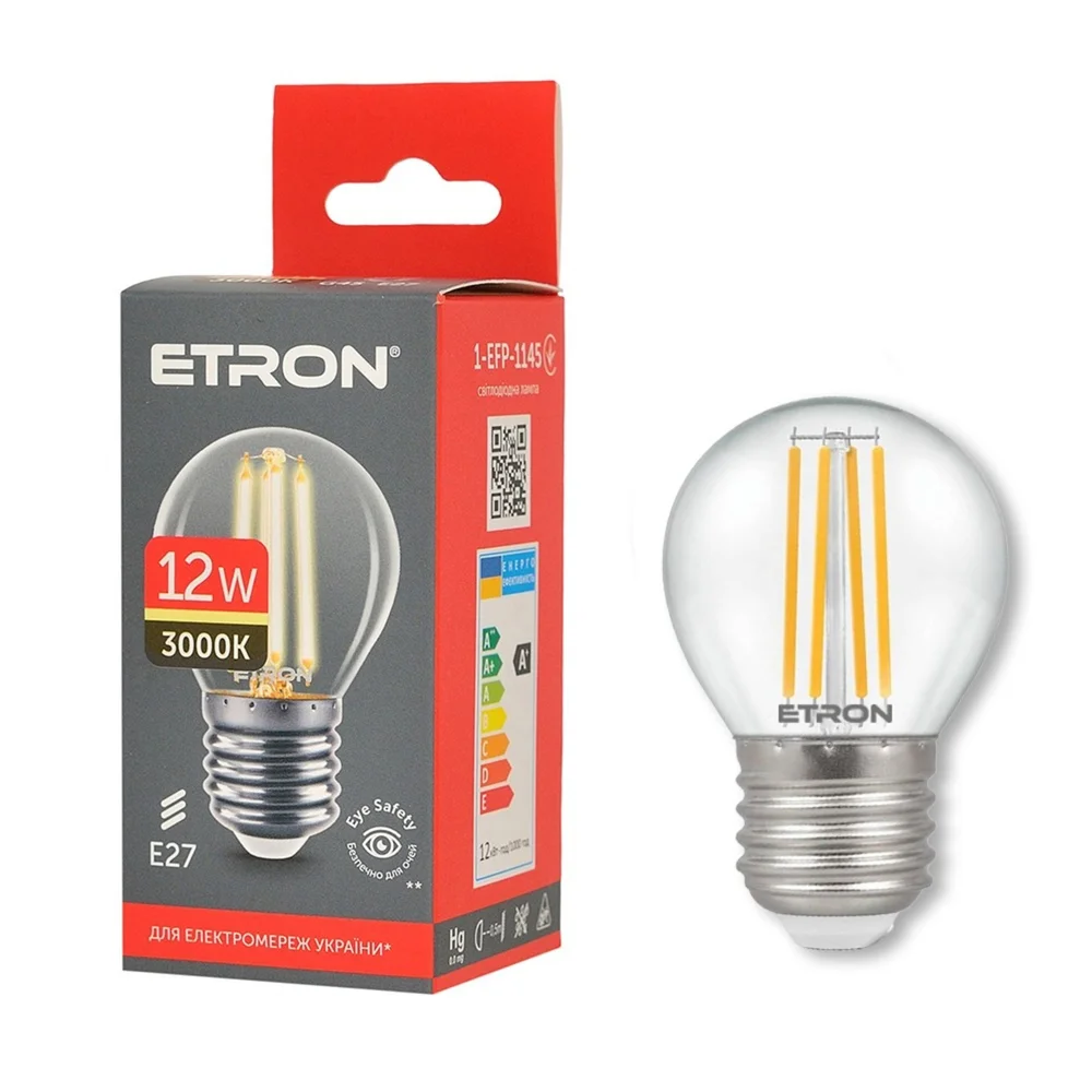Світлодіодна лампа філаментна ETRON 1-EFP-1145 12W 3000K E27 G45, прозоре скло, тепле світло