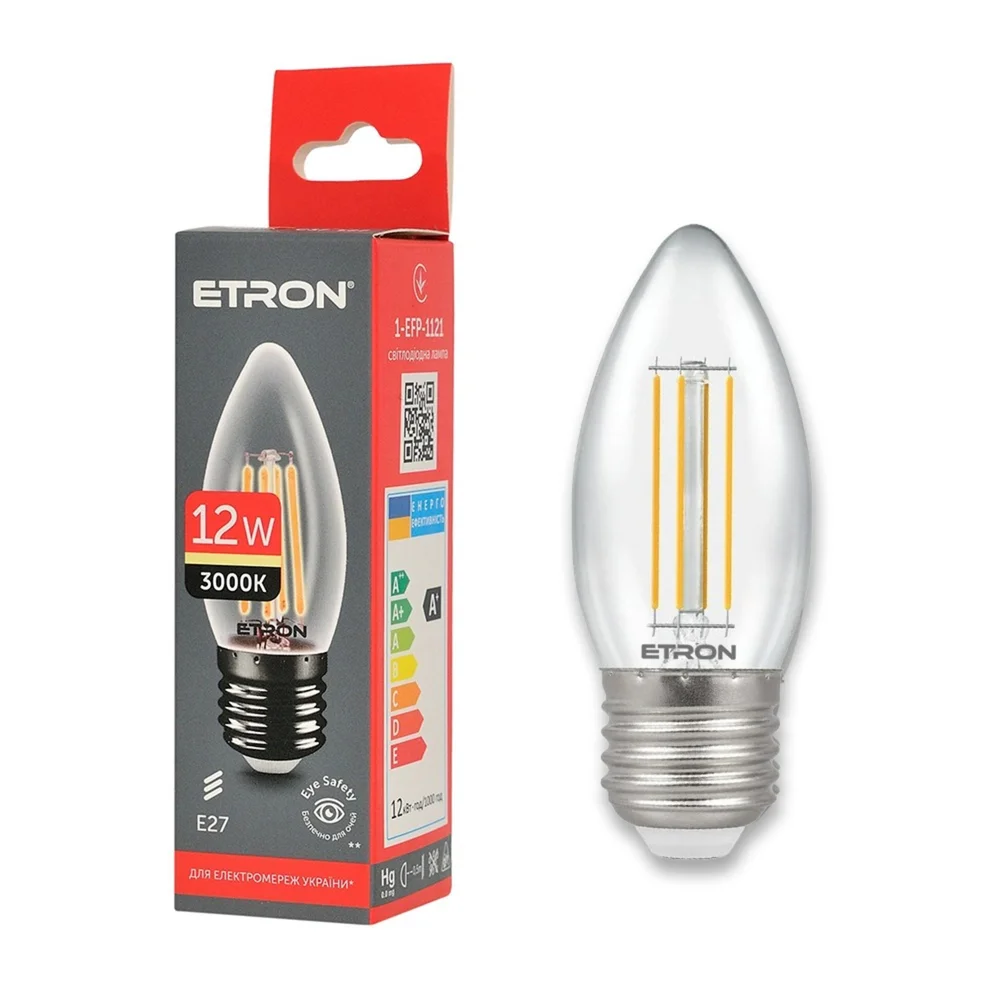 Світлодіодна лампа філаментна ETRON 1-EFP-1121 12W 3000K E27 C37, прозоре скло, тепле світло