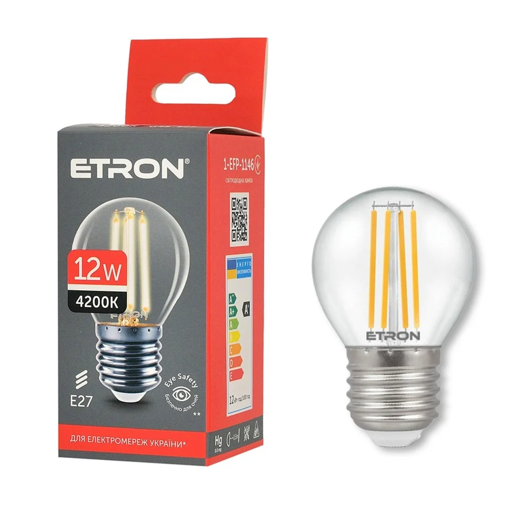 Світлодіодна лампа філаментна ETRON 1-EFP-1146 G45 12W 4200K E27 нейтральне світло, прозоре скло