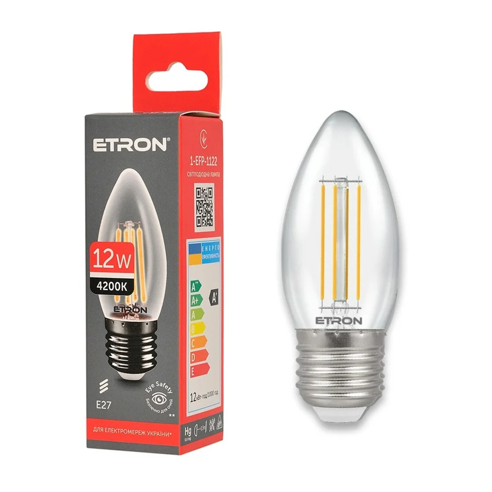 Світлодіодна лампа філаментна ETRON 1-EFP-1122 12W 4200K E27 C37, прозора, нейтральне світло