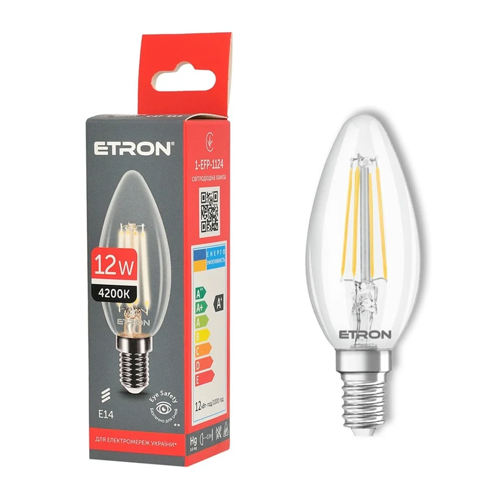 Світлодіодна лампа філаментна ETRON 1-EFP-1124 12W 4200K E14 C37 нейтральне світло, прозоре скло