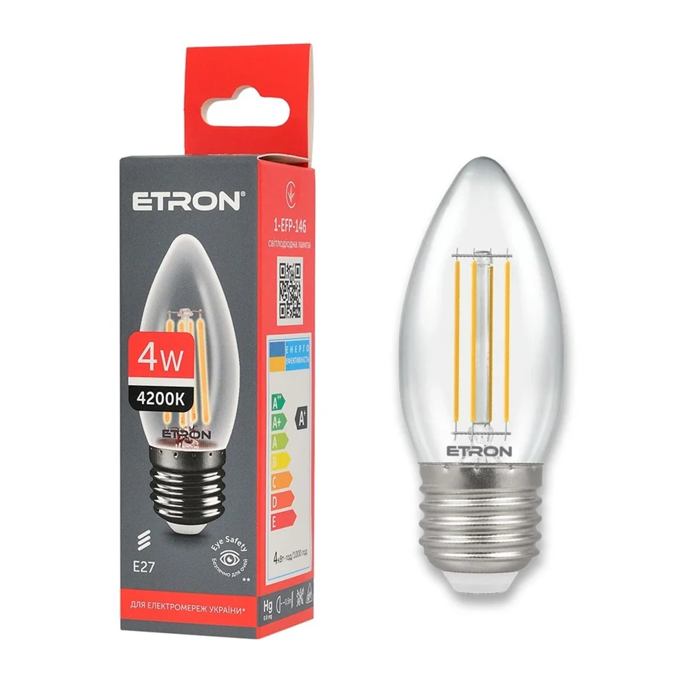 Світлодіодна лампа філаментна ETRON 1-EFP-146 4W 4200K E27 C37, нейтральне світло, прозора