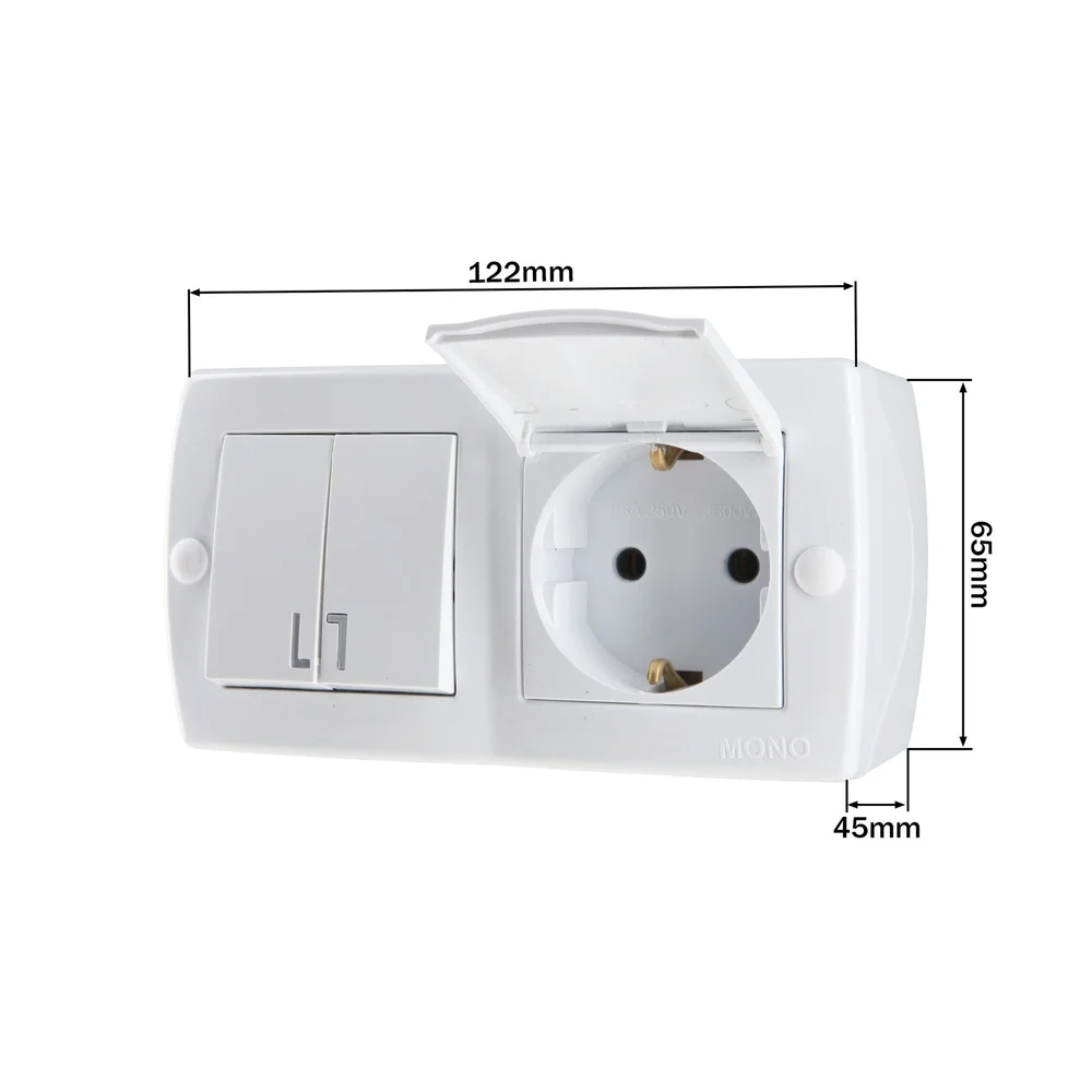 Вимикач двоклавішний прохідний + розетка з заземленням та кришкою Mono Electric OCTANS IP20 білий