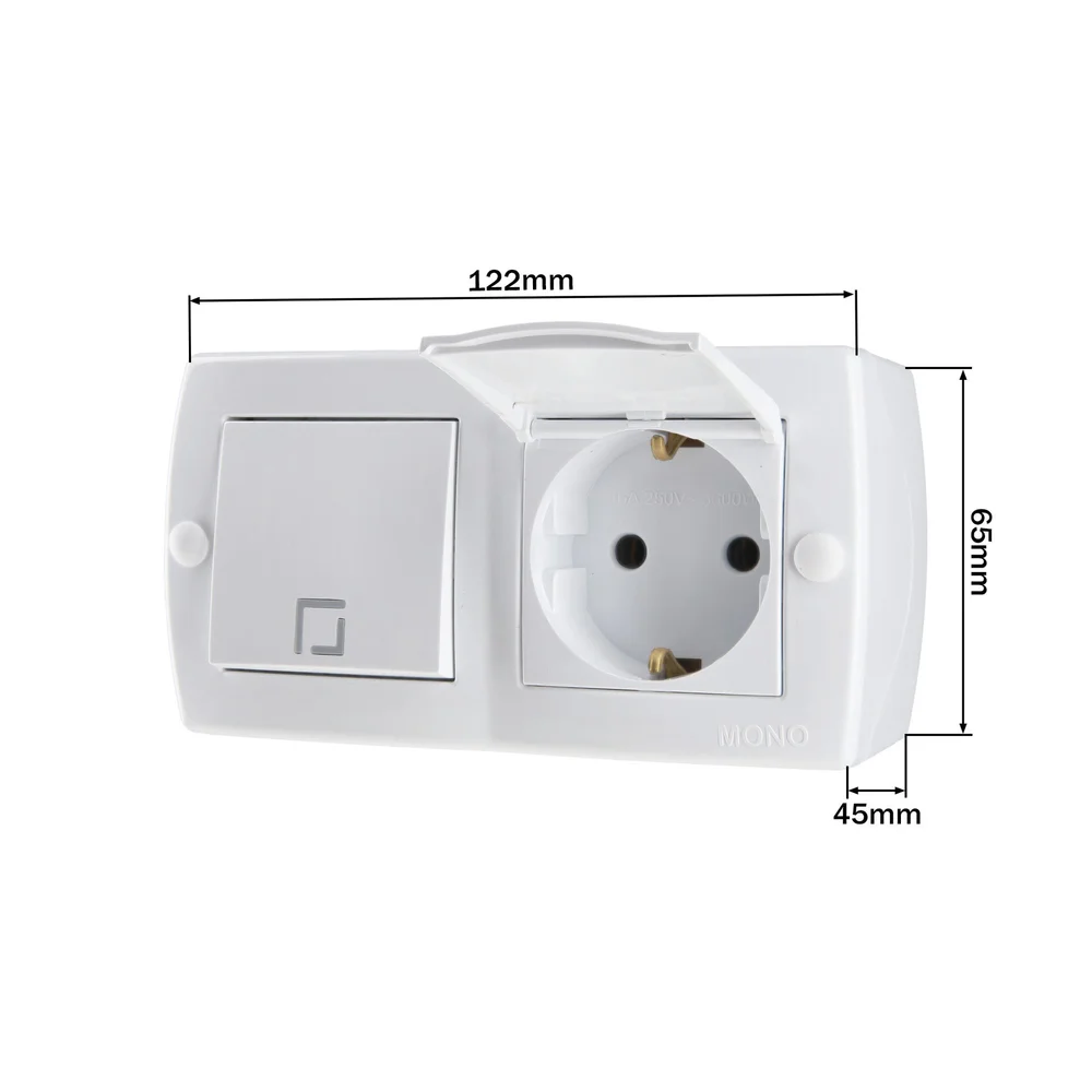 Выключатель одноклавишный + Розетка с заземлением и крышкой Mono Electric OCTANS IP20 белый