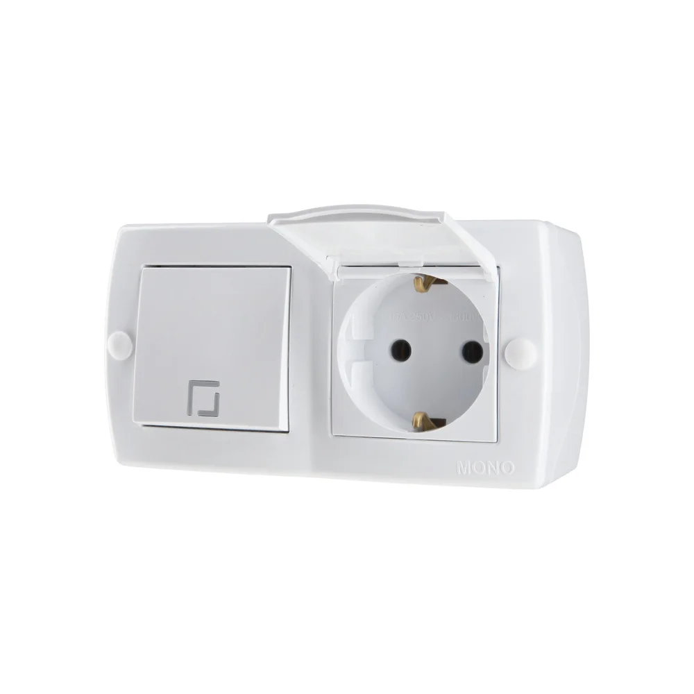 Выключатель одноклавишный + Розетка с заземлением и крышкой Mono Electric OCTANS IP20 белый