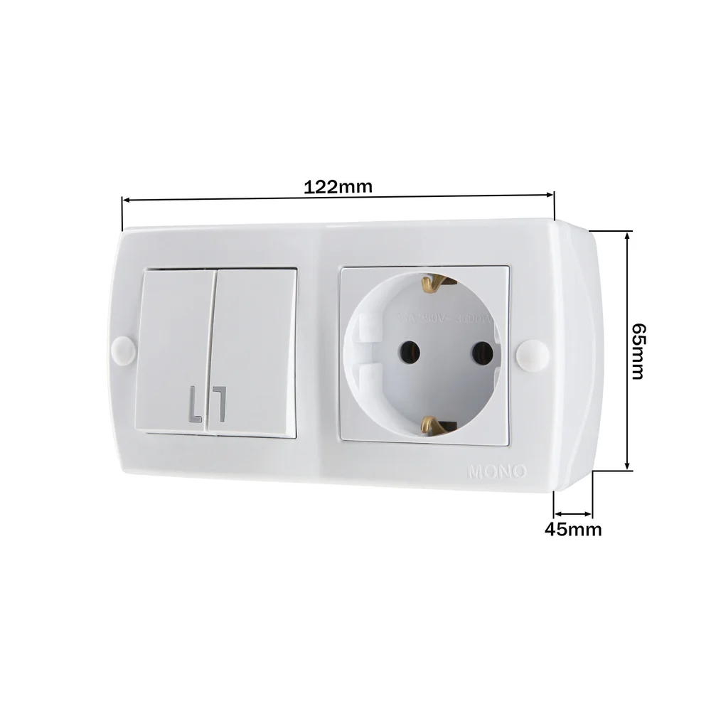 Выключатель двухклавишный + Розетка с заземлением Mono Electric OCTANS IP20 белый