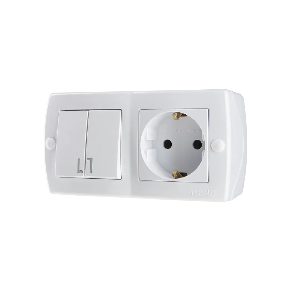Выключатель двухклавишный + Розетка с заземлением Mono Electric OCTANS IP20 белый