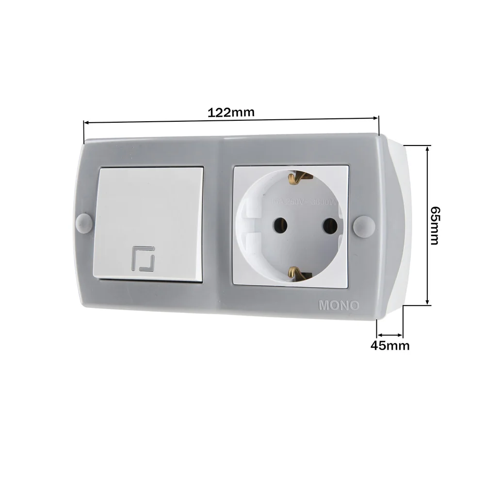 Вимикач одноклавішний + Розетка з заземленням Mono Electric OCTANS IP20 сірий