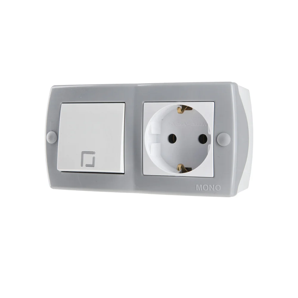 Вимикач одноклавішний + Розетка з заземленням Mono Electric OCTANS IP20 сірий