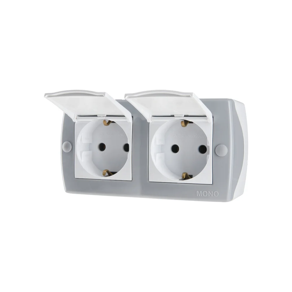 Розетка подвійна з заземленням та кришкою Mono Electric OCTANS IP20 сіра