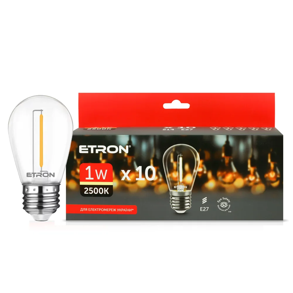 Філаментні LED лампи ETRON 1Вт 2500K S14 E27 (10 шт.)– прозорий пластик