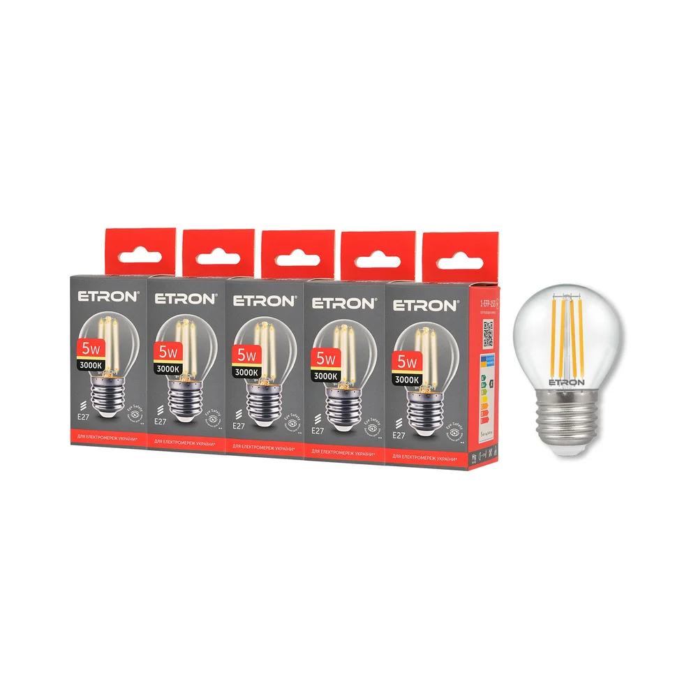 Комплект филаментных ламп ETRON Filament 5 шт 1-EFP-153 G45 E27 5W 3000K теплый свет
