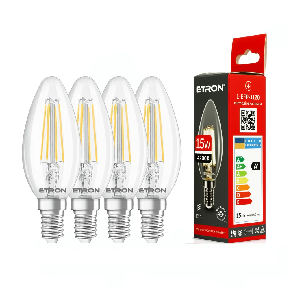 Комплект филаментных ламп ETRON Filament 4 шт  15Вт 4200K С35 E14  1-EFP-1120-4 