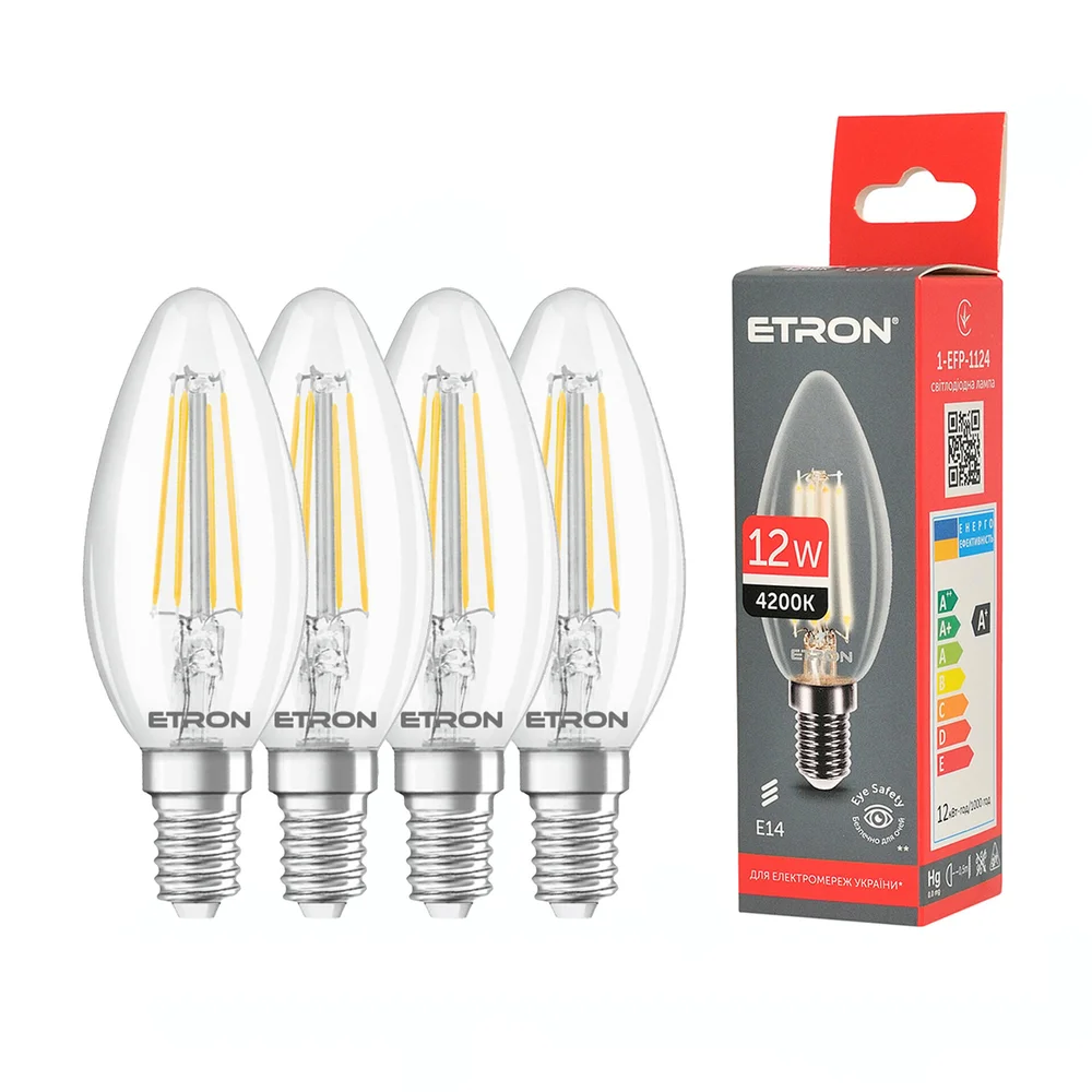 Комплект филаментных ламп ETRON Filament 4 шт  12Вт 4200K С35 E14  1-EFP-1124-4