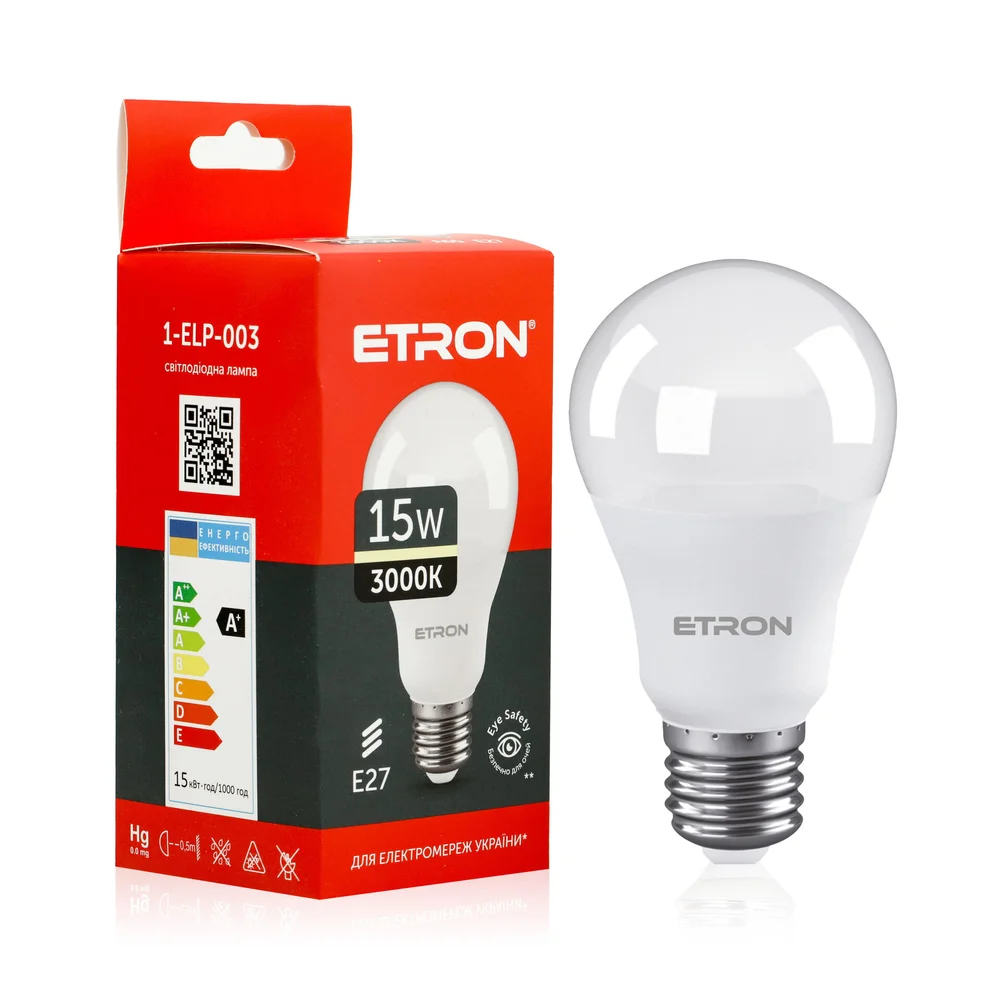 Светодиодная LED лампа ETRON 15W A65 3000K E27 теплый свет 1-ELP-003
