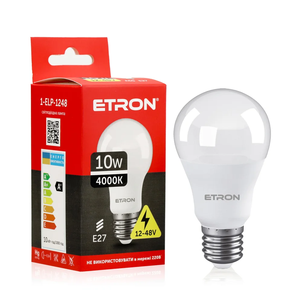 Светодиодная LED лампа ETRON 10W A60 12V-48V 4200K E27 дневной свет 1-ELP-1248