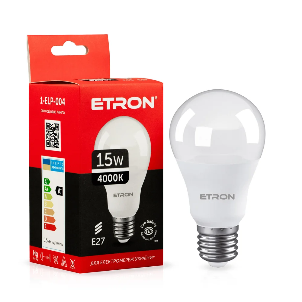 Светодиодная LED лампа ETRON 15W A65 4000K E27 дневной свет 1-ELP-004