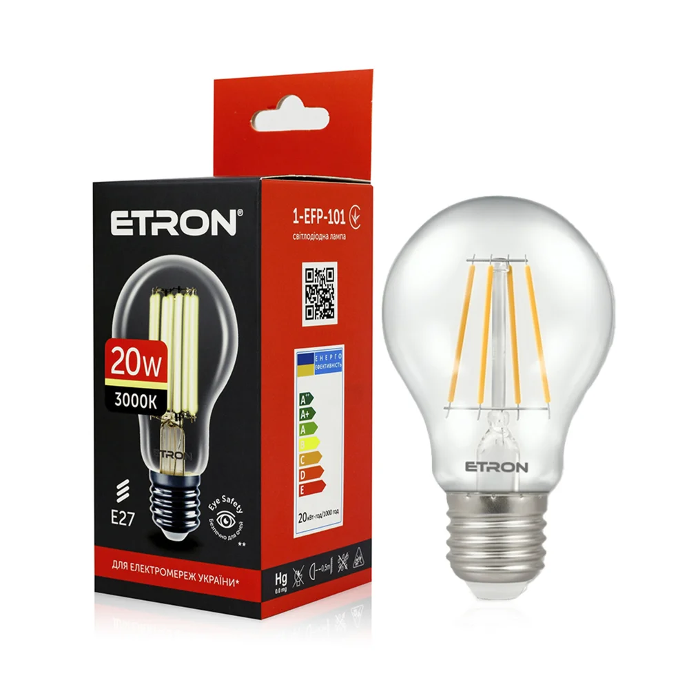 Светодиодная филаментная лампа ETRON A65 20W E27 3000K тёплый свет, прозрачная 1-EFP-101