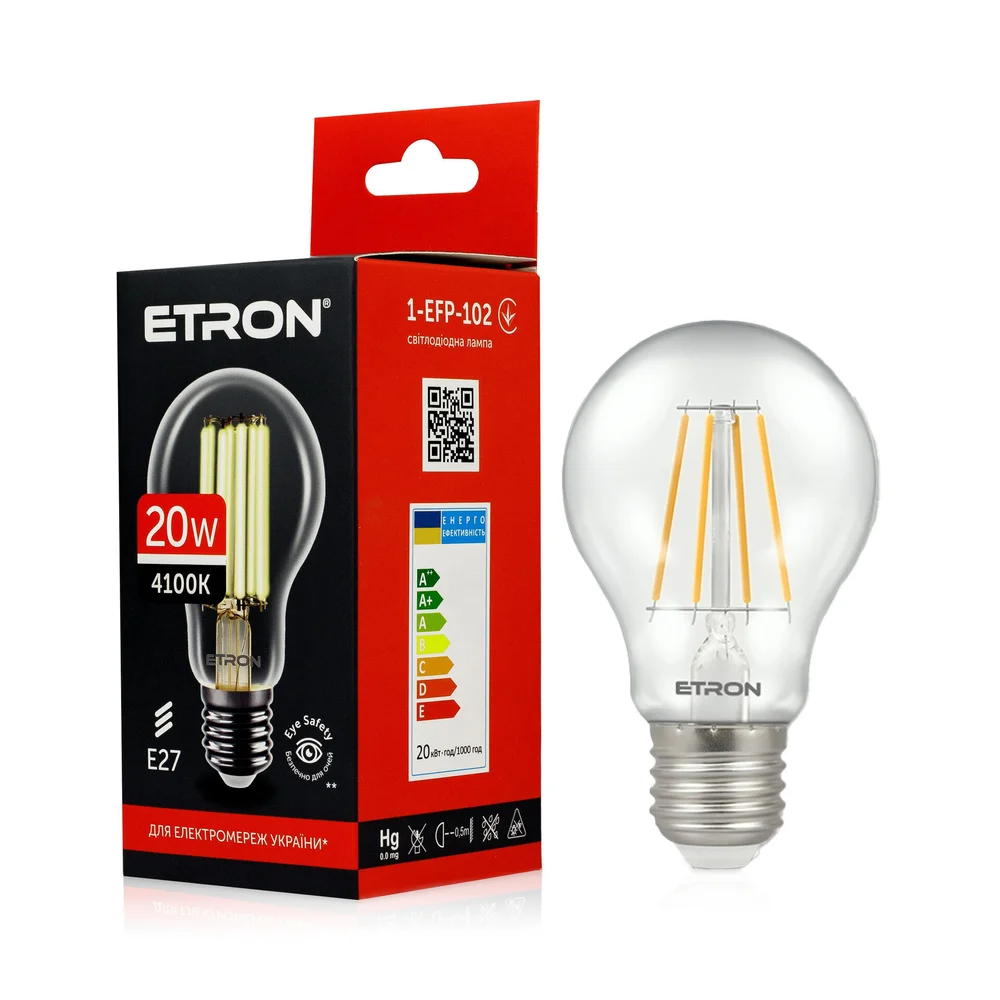 Світлодіодна лампа філаментна ETRON A65 20W E27 4100K нейтральне світло, прозора 1-EFP-102
