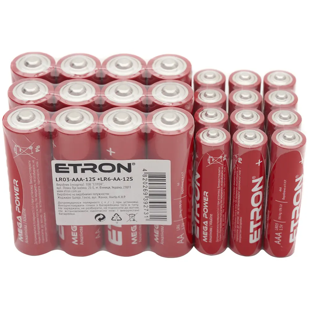 Набір лужних батарейок ETRON Alkaline AA (LR6) + AAA (LR03) 1.5 В, 24 шт (12 AA + 12 AAA)